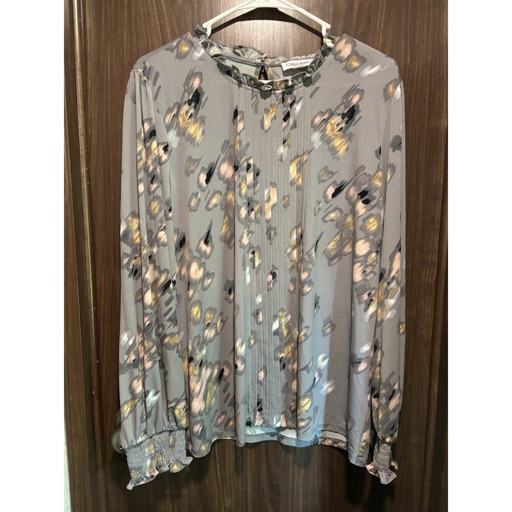 Top/Blouse Calvin Klein Gray Long Sleeves Watercolor Design XL